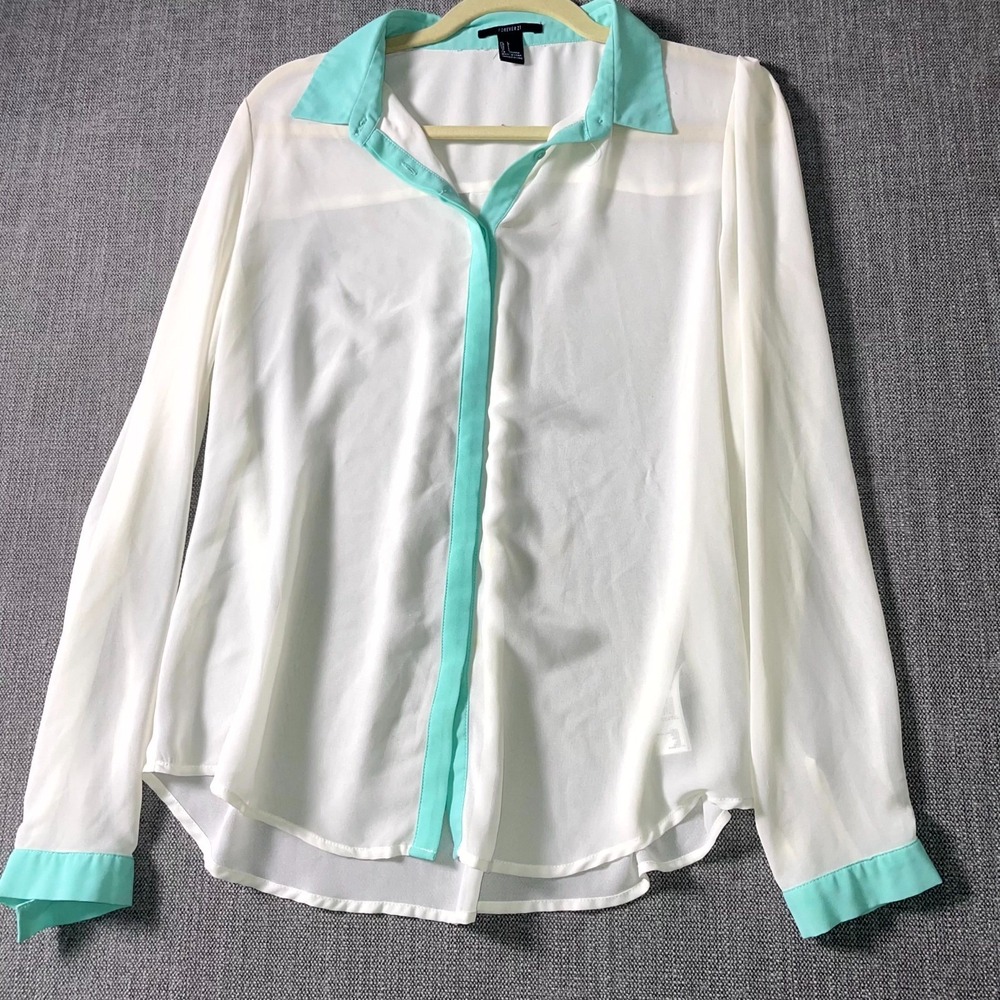 Forever 21 Shirt Top Women Large White Sheer Casual Long Sleeve Collar Button Up